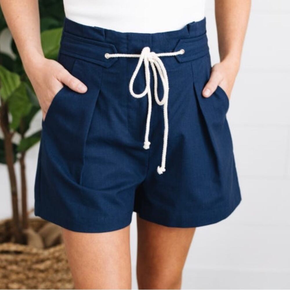 Wishlist Small Navy Blue Pleated Linen Blend Pull On Paper Bag Shorts